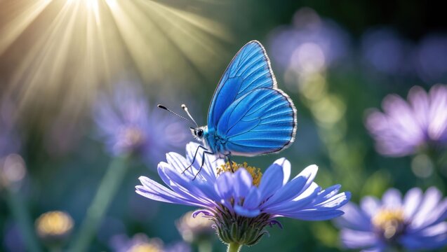 Blue Butterfly Resting on Purple Flower Petals in Sunlit Garden