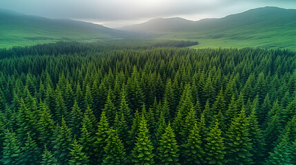 Fototapeta premium Misty mountain range verdant valley and lush coniferous forest create a breathtaking natural vista under a soft cloud