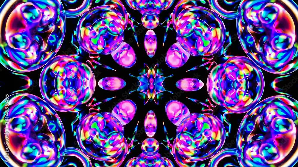 Poster psychedelic kaleidoscope pattern with vibrant neon colors. top-down camera angle, creating a mesmeri