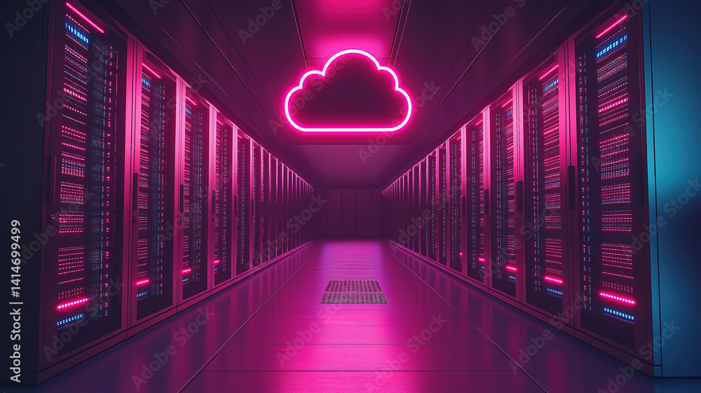Poster modern server room illuminated by neon lights featuring a cloud icon symbolizing data solutions