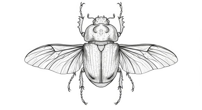 Detailed Anatomy of a Scarab Beetle - A precise line drawing showcases the intricate details of a scarab beetle, symbolizing transformation, rebirth, protection, strength, and ancient power