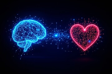 Glowing blue brain and red heart formed by light points connected by lines, digital style on dark background, concept of emotion and logic balance, Ai generative