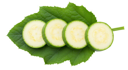 zucchini png. zucchini slices on a leaf top view flat lay isolated. Fresh green zucchini vegetable cut into pieces for summertime recipes and vegan vegetarian healthy eating PNG