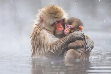 Fototapeta premium A Japanese macaque family grooming each other in a hot spring during winter, steam rising around their huddled forms