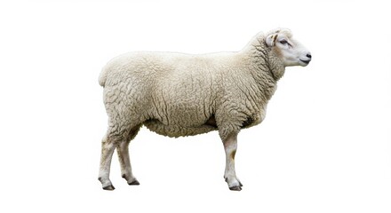 Obraz premium A highly detailed studio portrait of a sheep showcasing its thick, curly white fleece with natural texture and variation in wool patterns