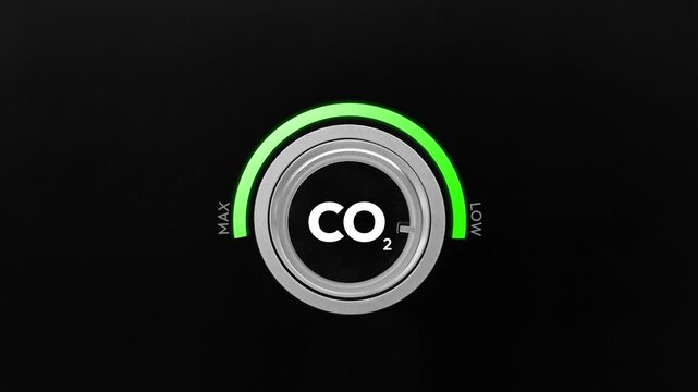 Minimum CO2 concept 4k animation with knob turning, green glowing bar. Renewable energy, carbon footprint