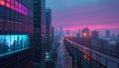 Rain-slicked chrome skyscrapers reflect vibrant city lights and fragmented nature scenes in a desolate future.