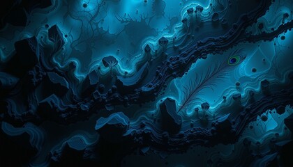 Fototapeta premium Obsidian fragments float in blue resin, interwoven with peacock feathers, lit by glowing mushrooms.