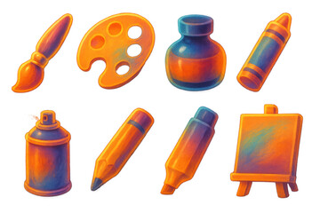 Vibrant 3d art supplies icons set: brush, palette, ink, crayon, more