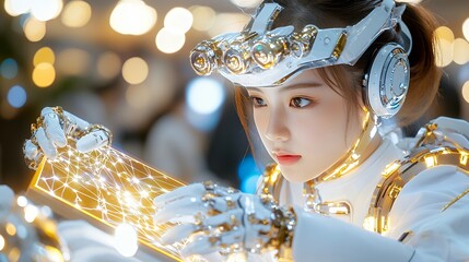 Futuristic woman interacting with digital interface in lab