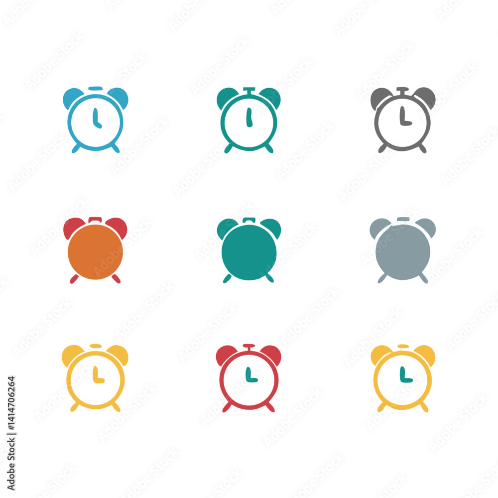 Poster a collection of colorful alarm clock icons symbolizing the passage of time and daily routines agains