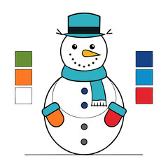 A cheerful snowman, ready for winter fun, wearing a teal hat and scarf, with bright orange mittens, a simple coloring page design.