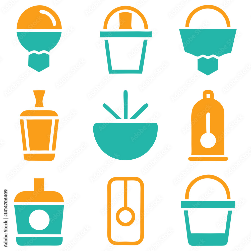 Poster a vibrant collection of stylized light sources and containers in teal and orange, showcasing playful