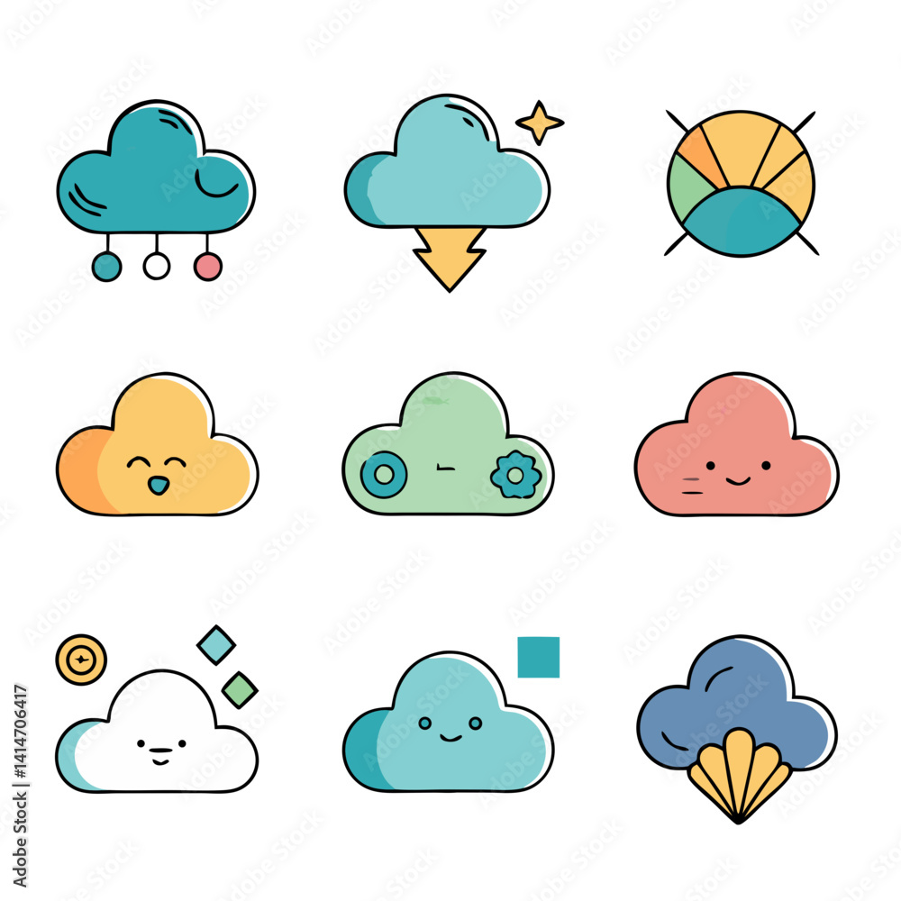 Poster delightful cloud characters expressing various emotions and functionalities in a playful pastel pale