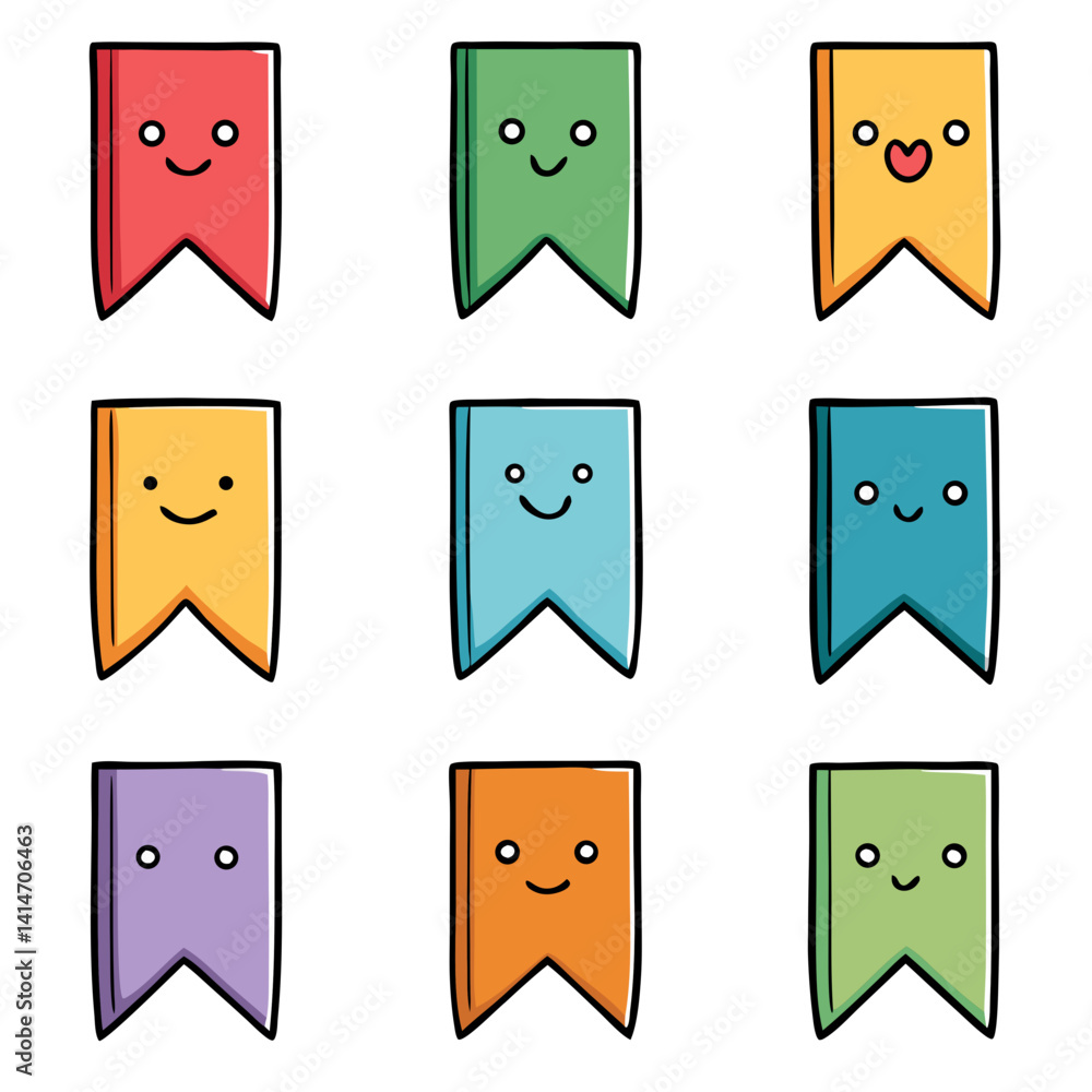 Poster nine cheerful colorful flags expressing happiness with simple line art and a white background.
