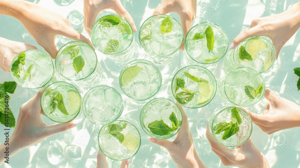 Aufkleber refreshing summer mojitos with lime and mint held by hands in bright sunlight creating a vibrant del