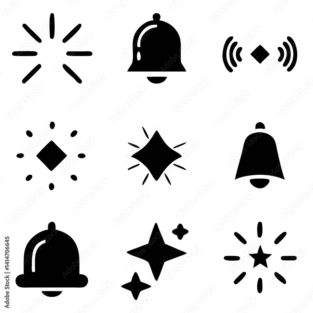 Poster a set of bold, playful notification icons featuring shining stars and ringing bells, adding a touch 