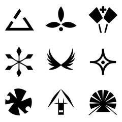 A collection of bold, abstract symbols representing diverse concepts, featuring sharp lines and stark black silhouettes on a white background.