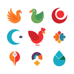 A vibrant collection of stylized birds, a rooster, and abstract shapes in bold colors and simplified forms.