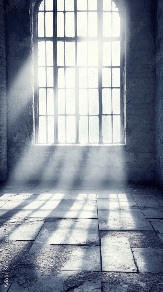Poster sunlight streaming through grungy window in abandoned room creating ethereal atmosphere and dramatic