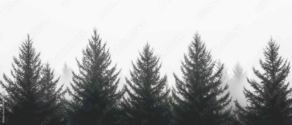 Poster misty evergreen forest landscape with dense fog and silhouette trees creating a tranquil and atmosph