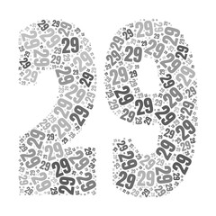 Grayscale word cloud forming the number 29, with repeated text in various sizes