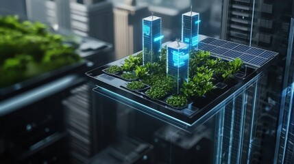 Urban sustainability solutions innovative green architecture futuristic cityscape digital conceptualization eco-friendly environment aerial view