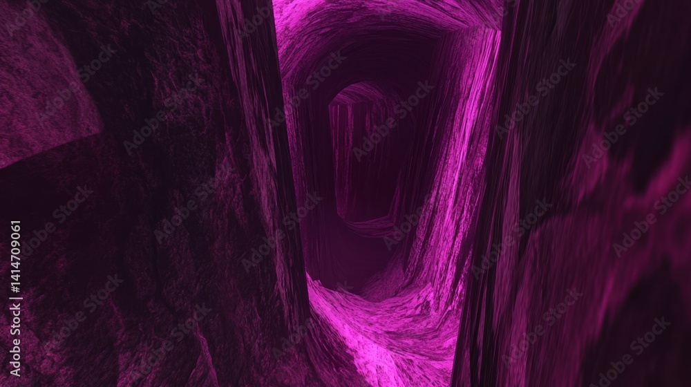 Poster abstract purple cave tunnel with textured rock walls and mysterious atmosphere creating a sense of d