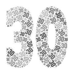 Grayscale word cloud forming the number 30, with repeated text in various sizes