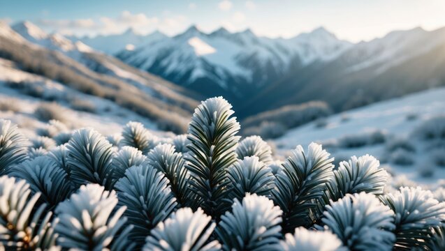 Snow Covered Evergreen Tree Branches with Distant Mountain Scenery