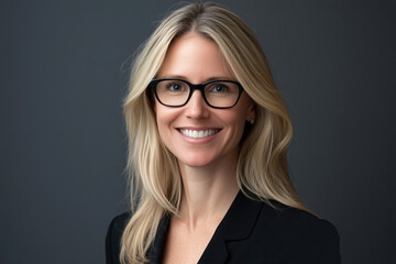 Professional headshot of a confident and successful businesswoman wearing eyeglasses and a black blazer, smiling against a dark studio background. Business, leadership, and professional growth.