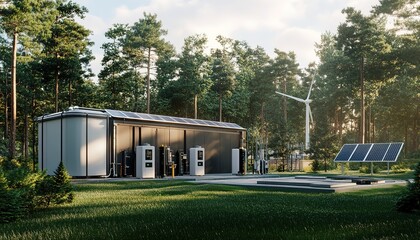 The concept of storing electrical energy in hydrogen by electrolysis. The system captures an electrolysis unit, storage tanks, solar and wind power plants on a lush lawn among the trees. 3d rendering