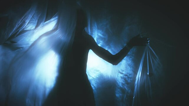 dark silhouette fantasy woman ghost dancing waving hands hiding behind curtain blue moon light night room full smoke. Gothic evil vampire Girl fashion model sexy black dress. film fly wind slow motion