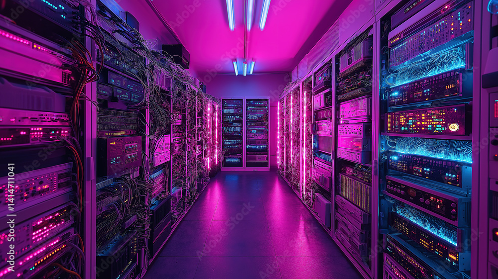 Poster advanced technology in a server room with illuminated data racks and intricate cable management syst
