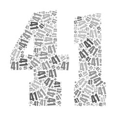 Grayscale word cloud forming the number 41, with repeated text in various sizes