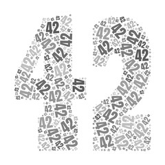 Grayscale word cloud forming the number 42, with repeated text in various sizes