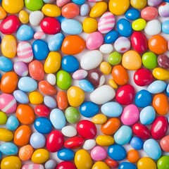 Obraz premium Vibrant Assortment of Colorful Jelly Beans Scattered on White Background, Perfect for Food, Party, or Celebration Concepts