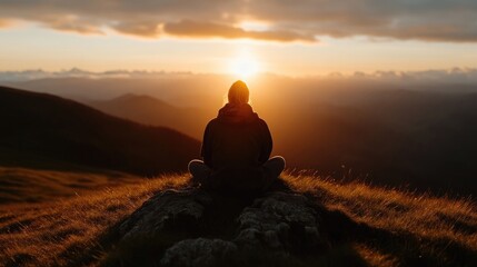 A person meditating atop a mountain at sunrise.  Golden light bathes the landscape as the individual sits in a peaceful pose