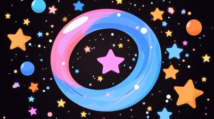 Naklejka premium Whimsical Pixel Art Pink and Blue Swirling Ring with Stars