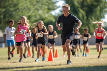 Coach timing a group of children running energetically on a lush grass field during an engaging training session focused on fitness