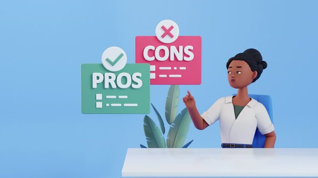 Woman Thinking on Pros and Cons, Decision-Making Concept. 3d render looped animation. Analysis, critical thinking. Strategy, comparison, pros and cons list, problem-solving, or business planning