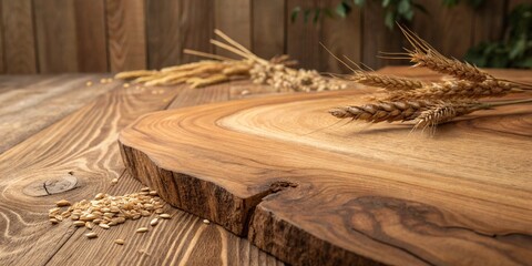 flour in a wooden bowl on dark wooden background with spikelets of wheat, eggs and milk, top view with copy space
