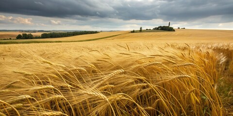 Wheat field. Ears of golden wheat close up. Beautiful Rural Scenery under Shining Sunlight and blue sky. Background of ripening ears of meadow wheat field.