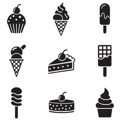 Dessert Icons Series Vector Black silhouettes. with white background