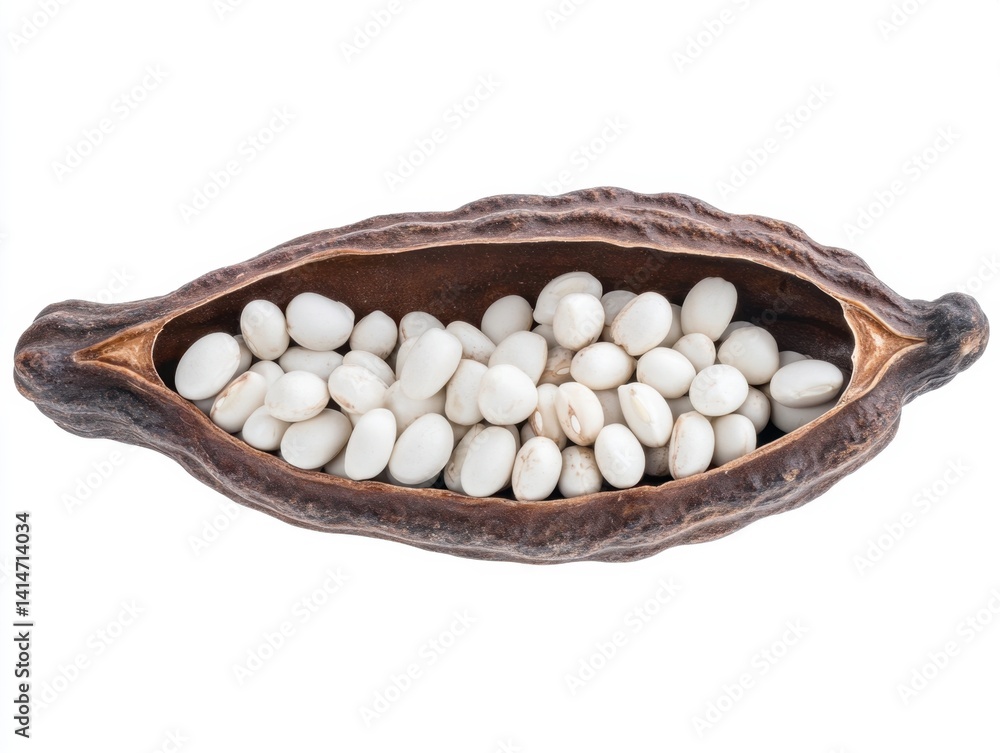 Poster studio shot showcasing a dry bean pod with white beans on a white background in a horizontal composi