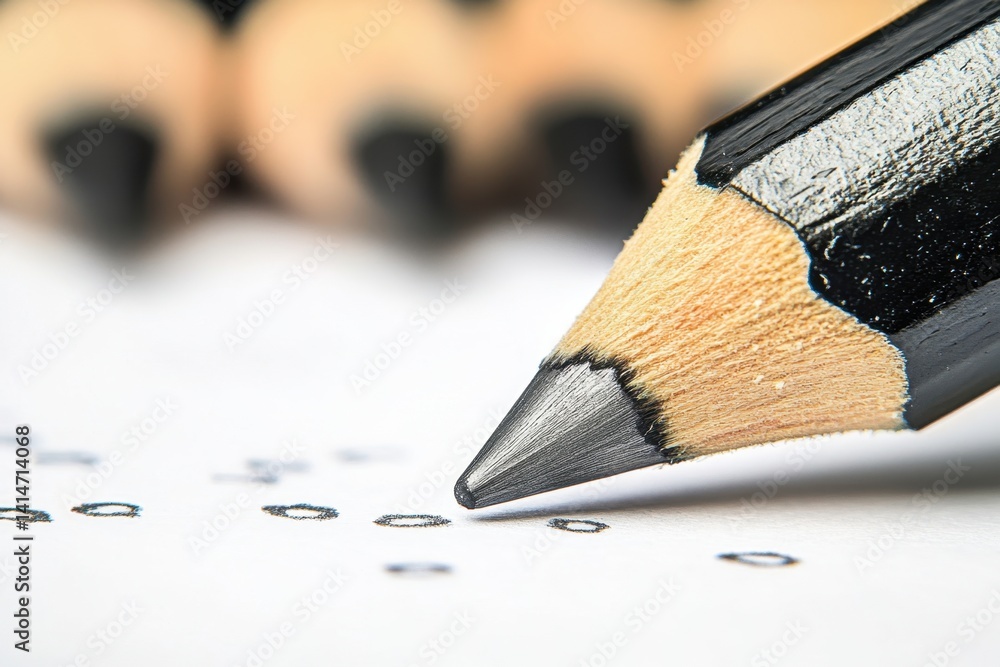 Poster macro shot of a sharp black graphite pencil drawing small circles on white paper surface in studio s