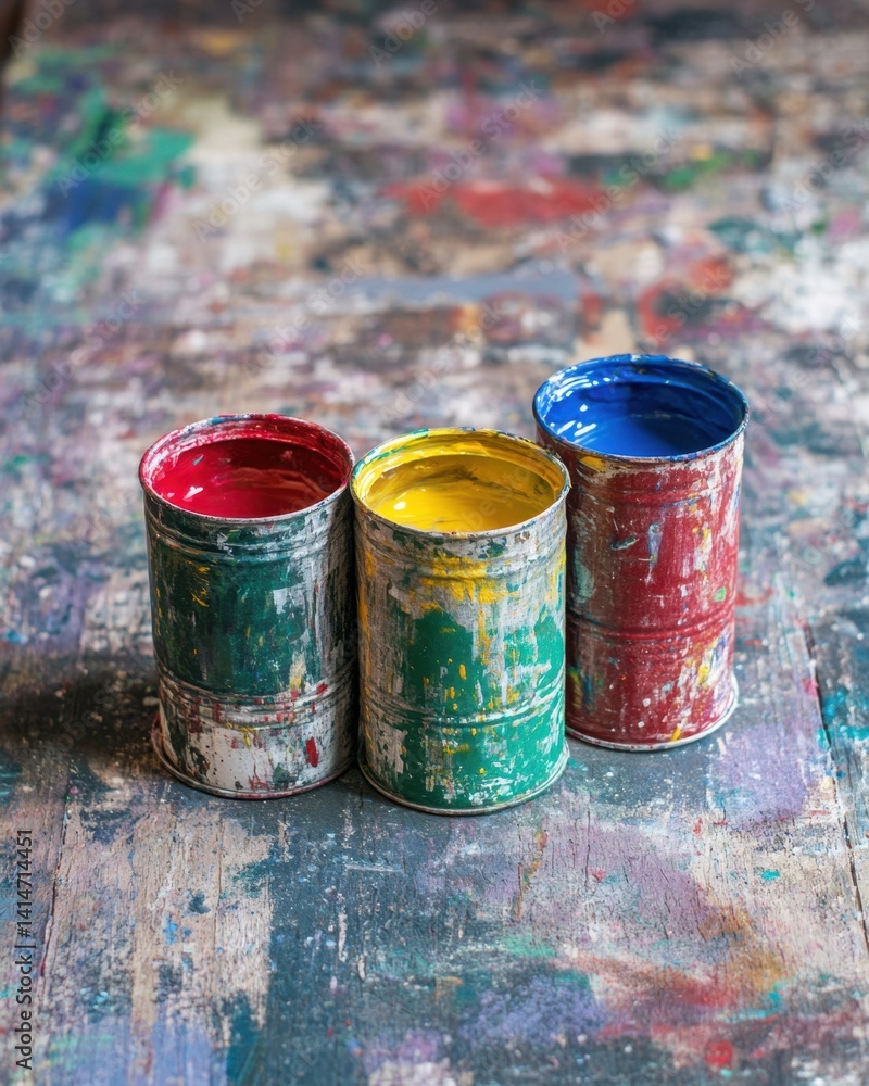 Poster three paint cans filled with vibrant colors on a colorful splattered surface creating an artistic sc
