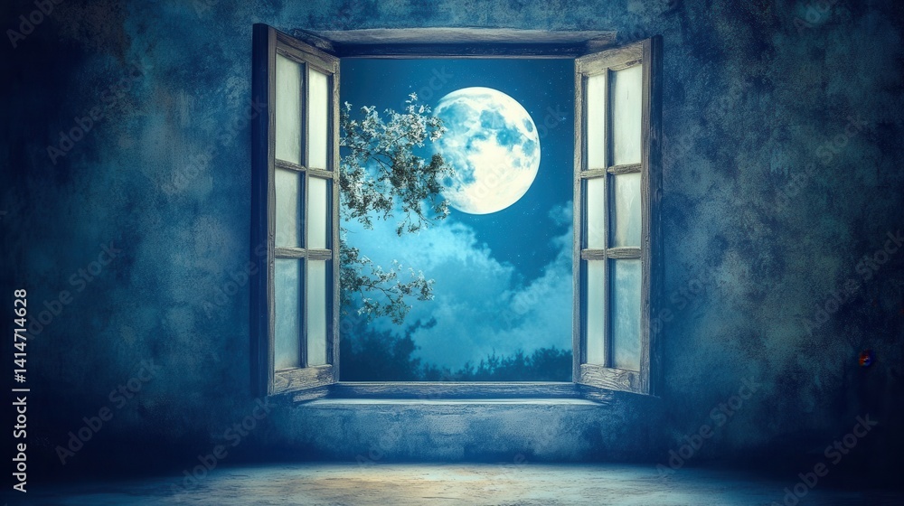 Poster enchanting full moon night seen through open window in dark room with serene sky and blooming tree b
