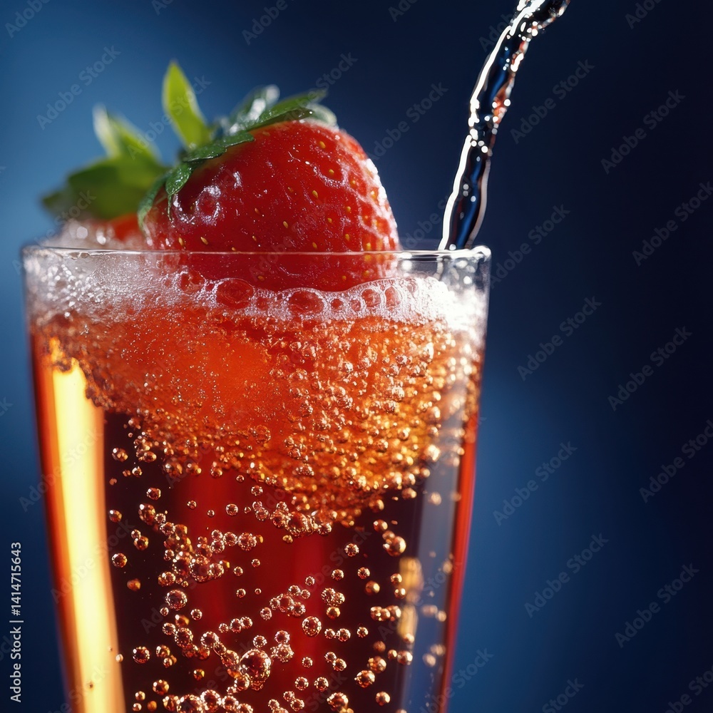 Aufkleber refreshing strawberry drink with bubbles and pouring liquid against a dark blue background creating 