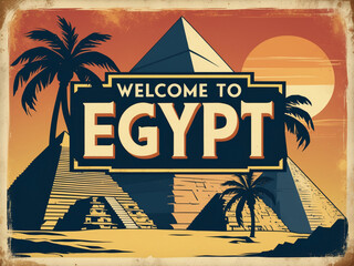 Welcome graphic banner for tourists with the inscription "Welcome to Egypt" on the background of tourist places, pyramids and beaches, AI generated